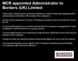 Message from the administrators on the Borders UK website tonight