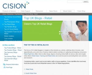Cision's 'Top UK Blogs - Retail' page