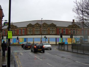Former Co-op, Whitley Bay, featuring painted hoardings by Keith Barrett (16 Dec 2009). Photograph by Graham Soult
