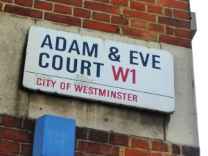 Adam & Eve Court sign at Eastcastle Street end (6 Apr 2011). Photograph by Graham Soult