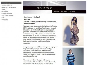 Screenshot of BHS Hartlepool job ad (9 May 2011)