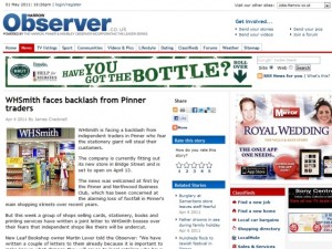 Harrow Observer article about "WHSmith backlash"