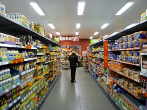 Oils and bread aisle, Asda Supermarket, Gateshead (8 Aug 2011). Photograph by Graham Soult