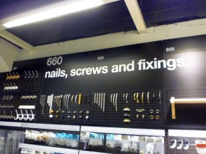 Nails, screws and fixings, Clas Ohlson, Newcastle (23 Aug 2011). Photograph by Graham Soult