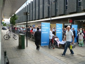 Crowds at the opening of Clas Ohlson Newcastle on 24 August 2011. Photograph by Graham Soult
