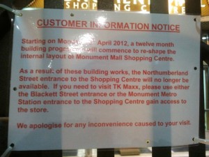 Notice at Monument Mall, Newcastle (16 Apr 2012). Photograph by Graham Soult