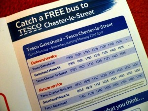 Shuttle bus timetable in Tesco Gateshead mailout (13 Apr 2012). Photograph by Graham Soult