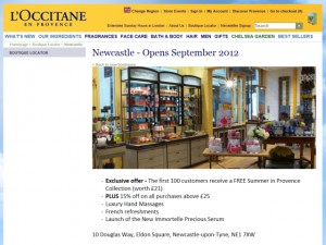 Newcastle page on L'Occitane en Provence website (7 Aug 2012)