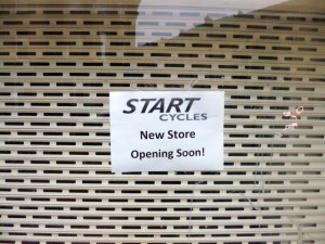 Start Cycles sign in former Blacks, Market Street, Newcastle (3 Mar 2013). Photograph by Graham Soult