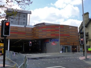 Tesco Extra signage at entrance to Trinity Square car park (17 May 2013). Photograph by Graham Soult