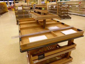 Wooden-style display for fresh bread at Tesco Extra, Gateshead (17 May 2013). Photograph by Graham Soult