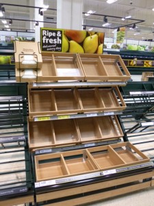 Wooden-style fruit display at Tesco Extra, Gateshead (17 May 2013). Photograph by Graham Soult