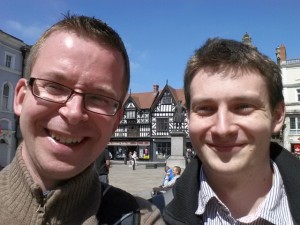 Me (left) and local retail expert Sam Stockley in The Square, Shrewsbury (10 Jun 2013). Photograph by Graham Soult