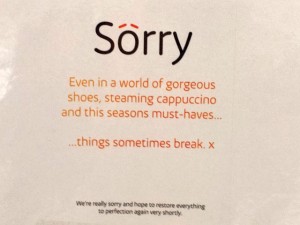 How to apologise for the gift card machine being broken, at Eldon Square (13 Jun 2013). Photograph by Graham Soult