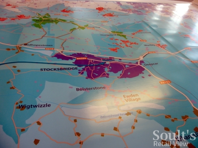Table-top map in Dransfield's Fox Valley office, showing the location of Stocksbridge (16 Mar 2016). Photograph by Graham Soult