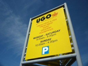 Signage at UGO store, Eston (4 May 2011). Photograph by Graham Soult