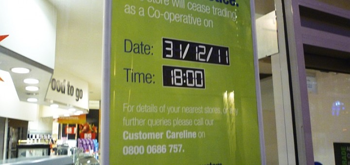 Closing-down poster at Newgate Street Co-op, Newcastle (2 Dec 2011). Photograph by Graham Soult