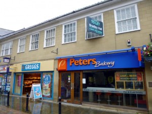 Closed-down Peters Bakery - and Greggs - in Hexham (25 Aug 2012). Photograph by Graham Soult