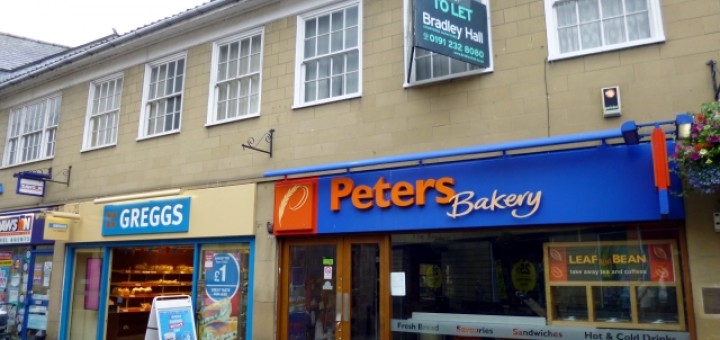 Closed-down Peters Bakery - and Greggs - in Hexham (25 Aug 2012). Photograph by Graham Soult