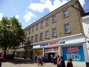 Cornhill frontage of former Woolworths (now Poundland and Sports Direct), Bury St Edmunds (2 Aug 2012). Photograph by Graham Soult