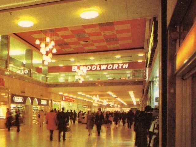 Woolworths' 1970s logo captured on an old postcard of Doncaster's Arndale Centre