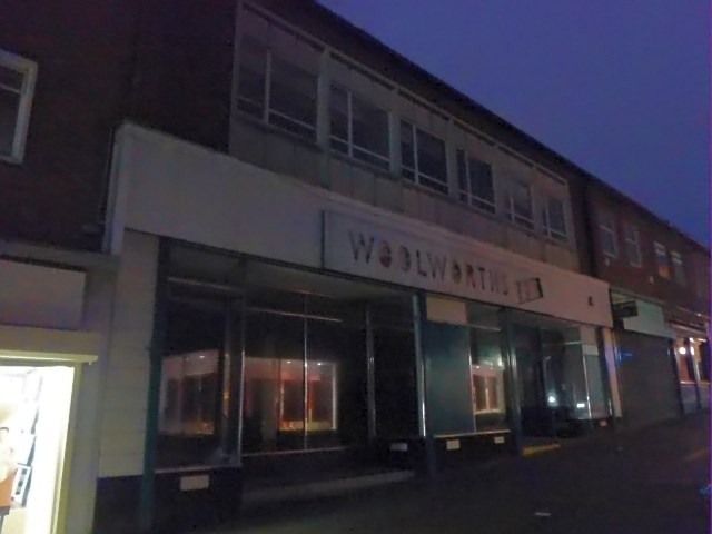 Nighttime view of Peterlee ex-Woolworths and ex-Poundland (5 Jan 2014). Photograph by Graham Soult