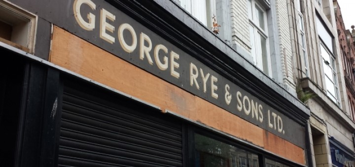 Exposed George Rye ghost fascia in Newcastle's Groat Market (10 Aug 2014). Photograph by Graham Soult